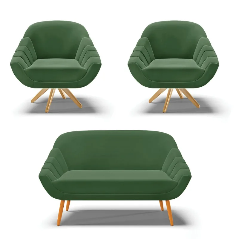 Kit 01 Namoradeira 02 Lugares e 02 Poltronas Giratória Giovana Suede Base Madeira MA30 - D'Rossi Verde