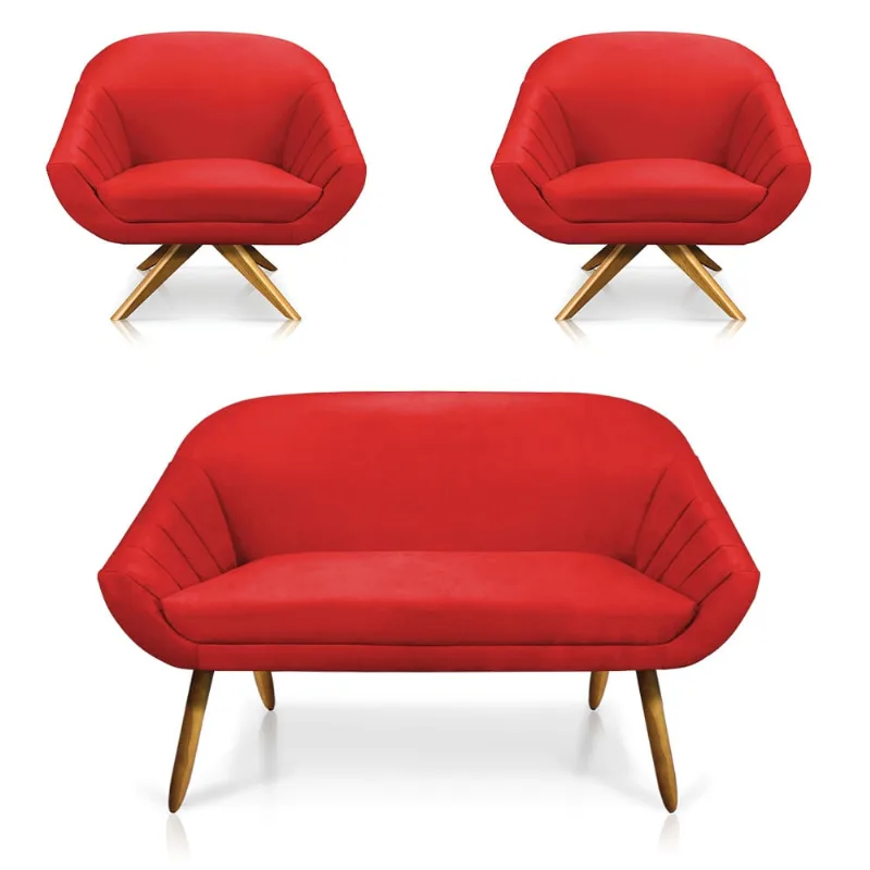 Kit 01 Namoradeira 02 Lugares e 02 Poltronas Giratória Giovana Suede Base Madeira MA30 - D'Rossi Vermelho