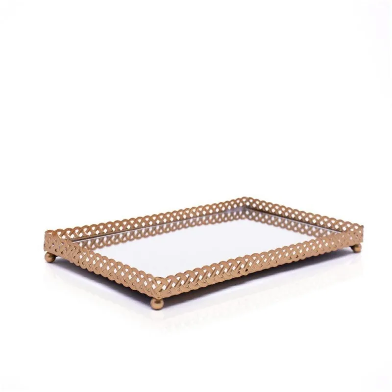 Bandeja Decorativa Retangular Em Metal Rose Com Espelho 2X25X15cm