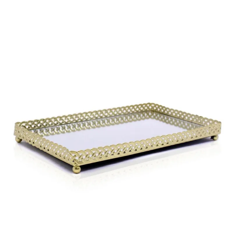 Bandeja Decorativa Retangular Em Metal Dourado Com Espelho 2X25X15cm