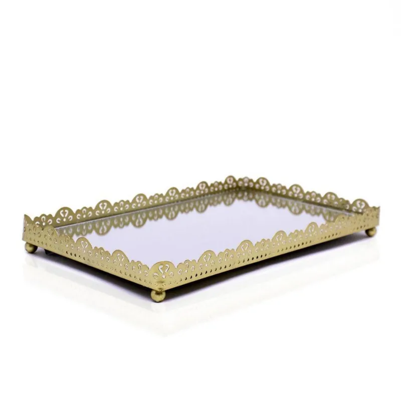 Bandeja Decorativa Retangular Em Metal Dourado Com Espelho 2X25X15cm
