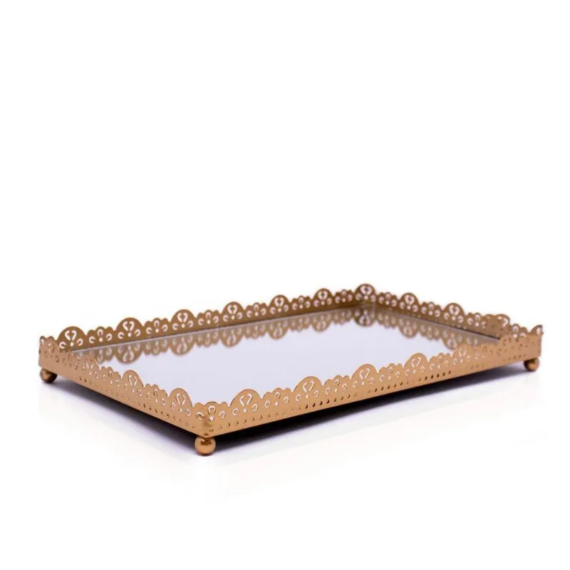 Bandeja Decorativa Retangular Em Metal Rose Com Espelho 2X25X15cm