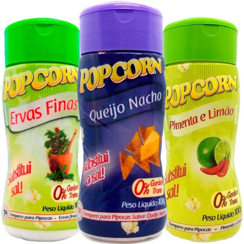 Combo 3 Temperos Pipoca Popcorn Sabores Ervas Finas, Pimenta