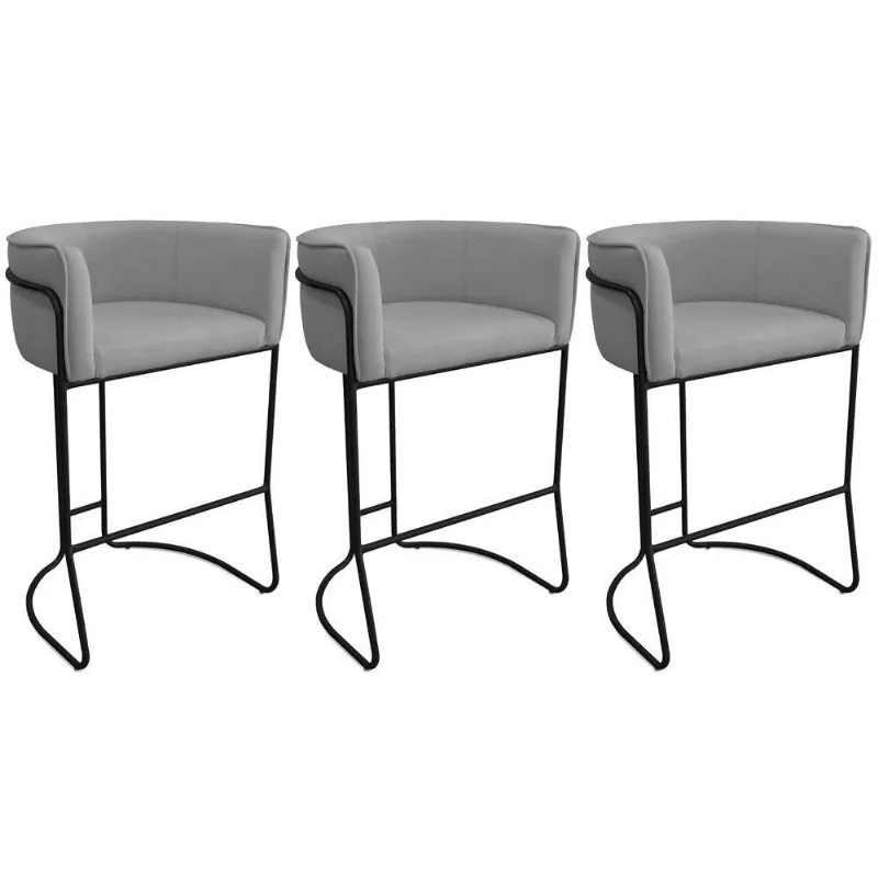 Kit 03 Banquetas Alta Com Encosto Betina Base Preto Poliéster Cinza - Nexta Casa - Nexta Casa
