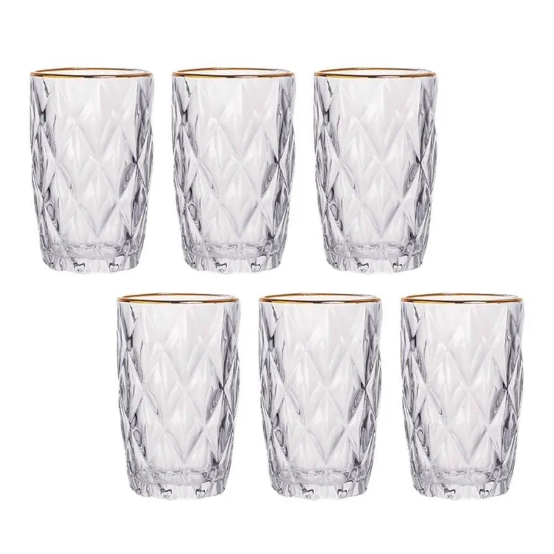 Jogo 6 Copos De Vidro Diamante Diamond Transparente Com Borda Dourada 400ml Em Casa Tem