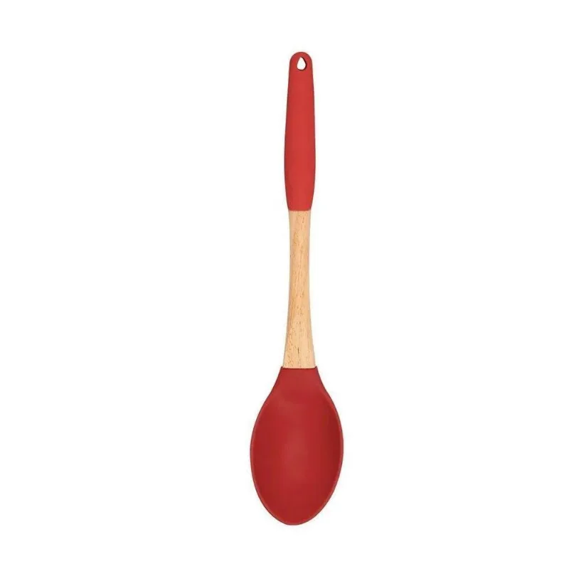 Colher De Silicone Utensílio Vermelho Cabo De Madeira E Removível Em Casa Tem