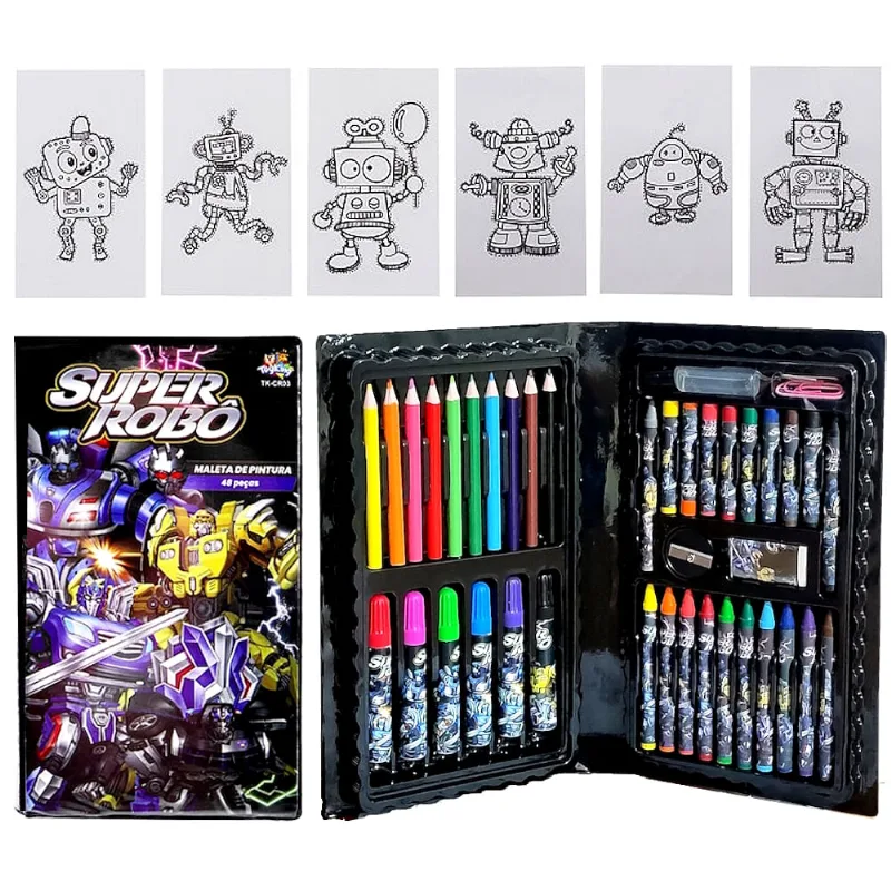 Maleta de Colorir Transformers Meninos Estojo com Desenhos Lápis Canetinha Giz 48pçs