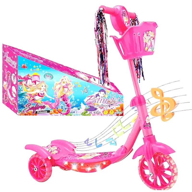 Patinete para Meninas Infantil Princesa Sereia com 3 Rodinhas Luzes nas Som Rosa