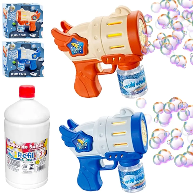 Kit 2 Brinquedos Super Pistola de Bolhas Automática com Luz Unissex + Refil 1 Litro