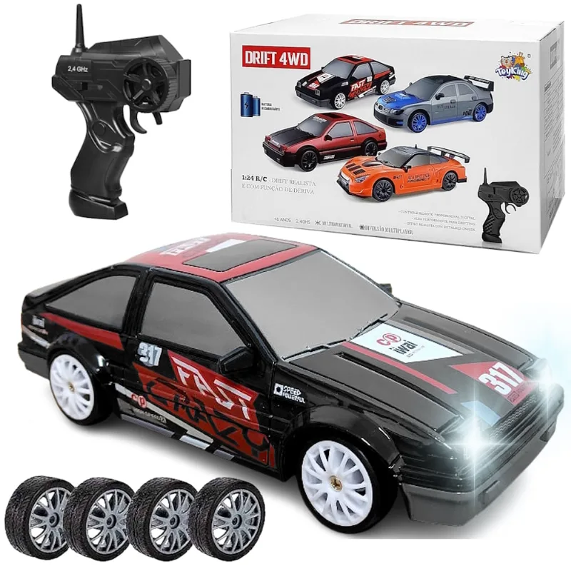 Carrinho Corolla Preto Corrida Controle Drift 4x4 Recarregável com 4 Rodas Extras