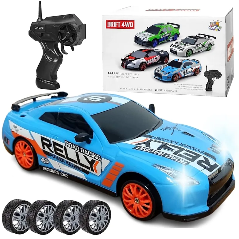 Carrinho GTR Azul Corrida Controle Drift 4x4 Recarregável com 4 Rodas Extras