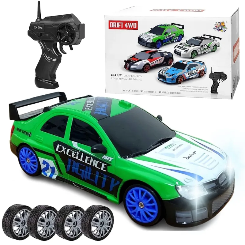 Carrinho Subaru de Corrida Controle Drift 4x4 Recarregável 1:24 com 4 Rodas Extras