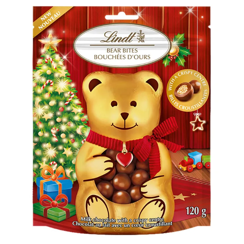 Chocolate ao Leite Recheio Biscoito de Cereais Bear Bites Lindt Pouch 120g