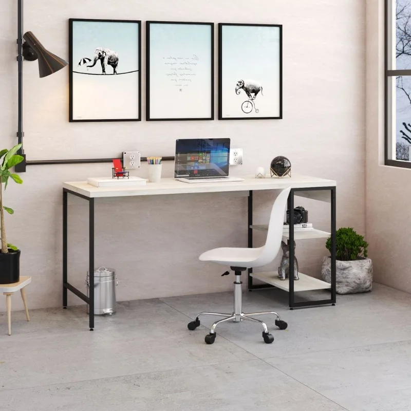 Escrivaninha Mesa Escritório com Estante Baixa Estilo Active 2 Prateleiras 150cm Industrial Yescasa Snow Branco Snow