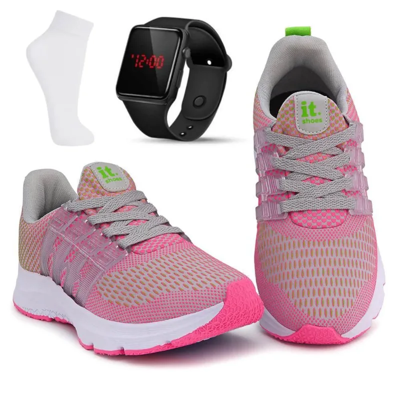Kit Tênis Academia Feminino + Relógio Digital LED + Meia