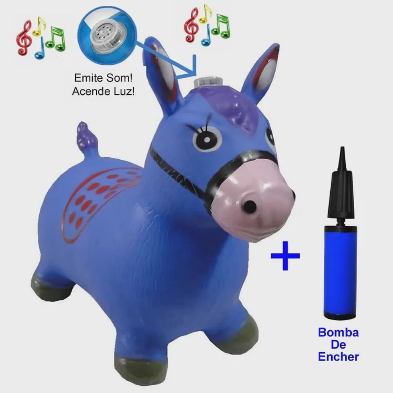 Cavalo Upa Upa Música E Led Pocoto Borracha + 1 Bomba De Encher Azul