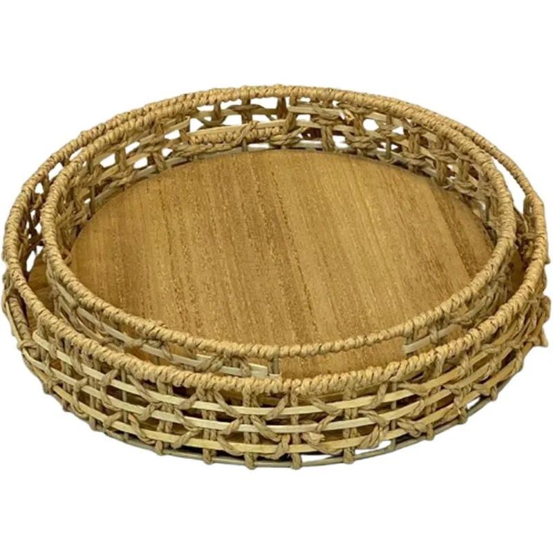 Kit 2 Bandejas Decorativas Em Palha 35x35x6cm E 30x30x6cm Palha