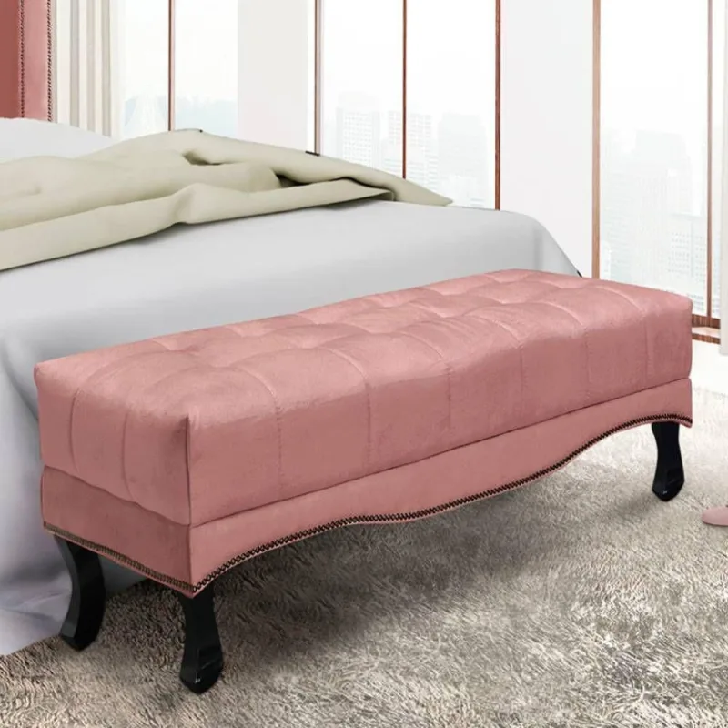 Recamier 1,95m Com Pés Luis Xv E Capitonê Em Tecido Veludo Vicenza - Lucadi Rosa - OUTRAS