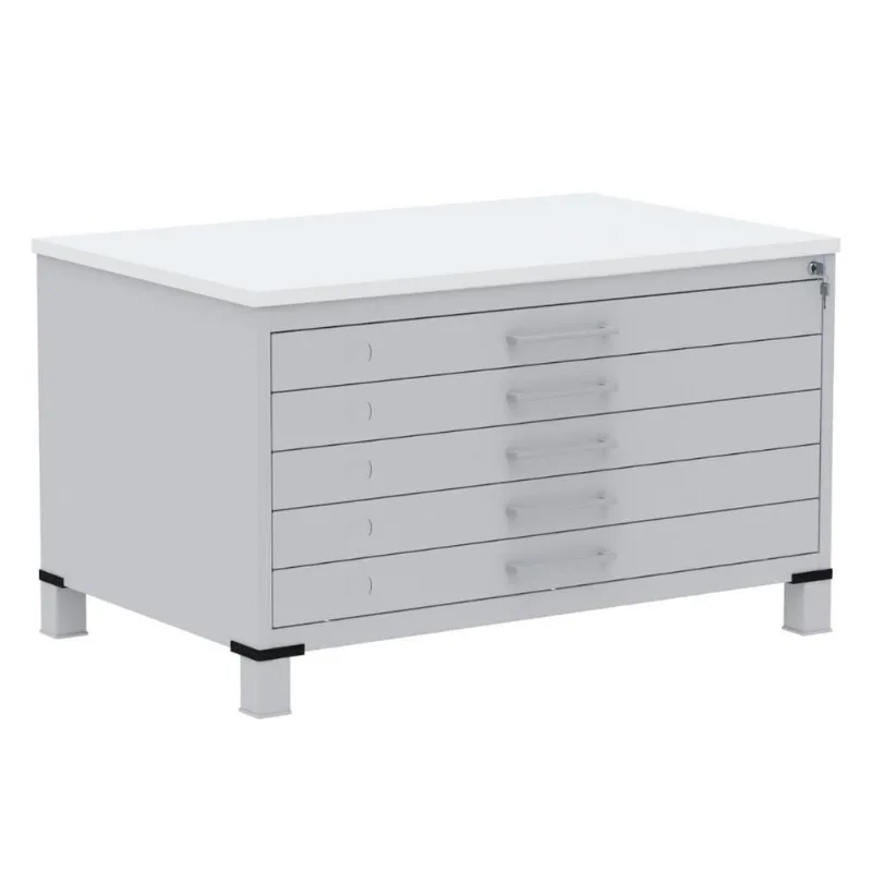 Mapoteca 5 Gavetas Pandin 120 Cm (larg) Inmetro Tampo Mdp Branco Estrutura Aço Cinza Gavetas Cinza