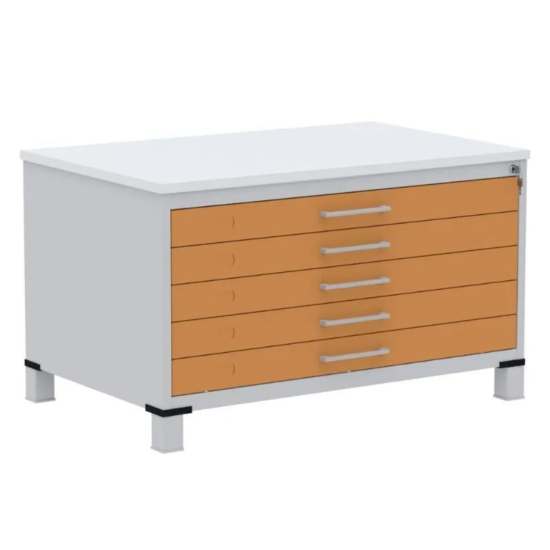 Mapoteca 5 Gavetas Pandin 120 Cm (larg) Inmetro Tampo Mdp Branco Estrutura Aço Cinza Gaveta Laranja