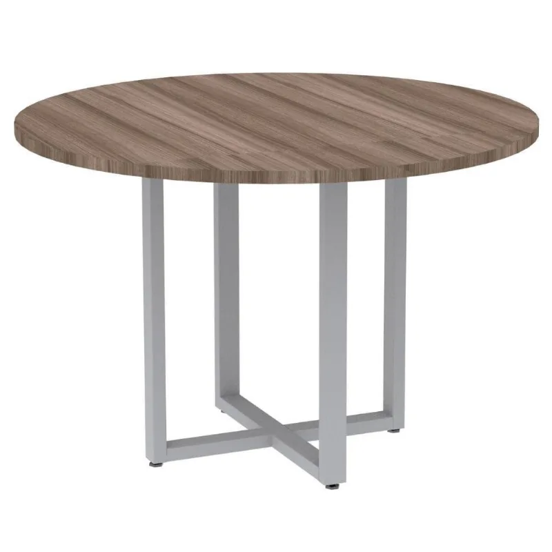 Mesa De Reunião Redonda P25 Pandin 110 Cm (largura) Tampo Mdp Walnut Pé Aço Tubular Cinza
