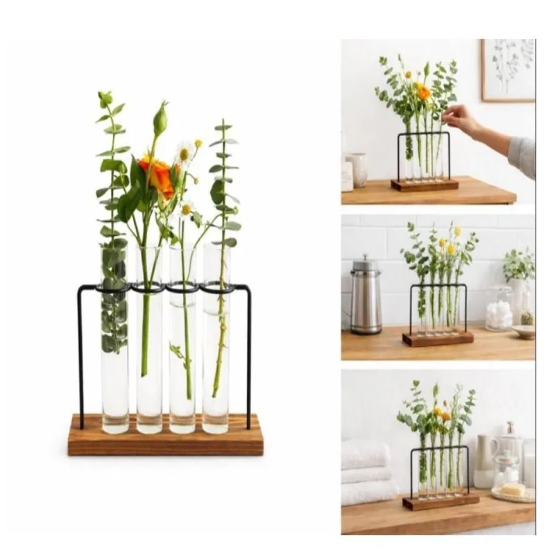 Vaso Hidroponico Decorativo Kit Vasos Flor Cilindrico Vidro com Suporte Madeira Transparente Utibom - OUTRAS