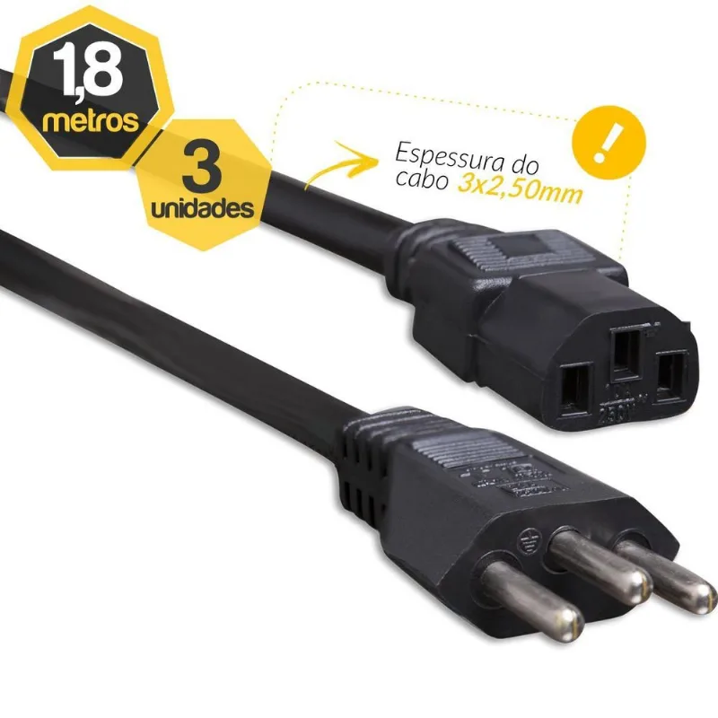 Kit 3 Cabo De Força Novo Padrão 20a 1,80 Metros