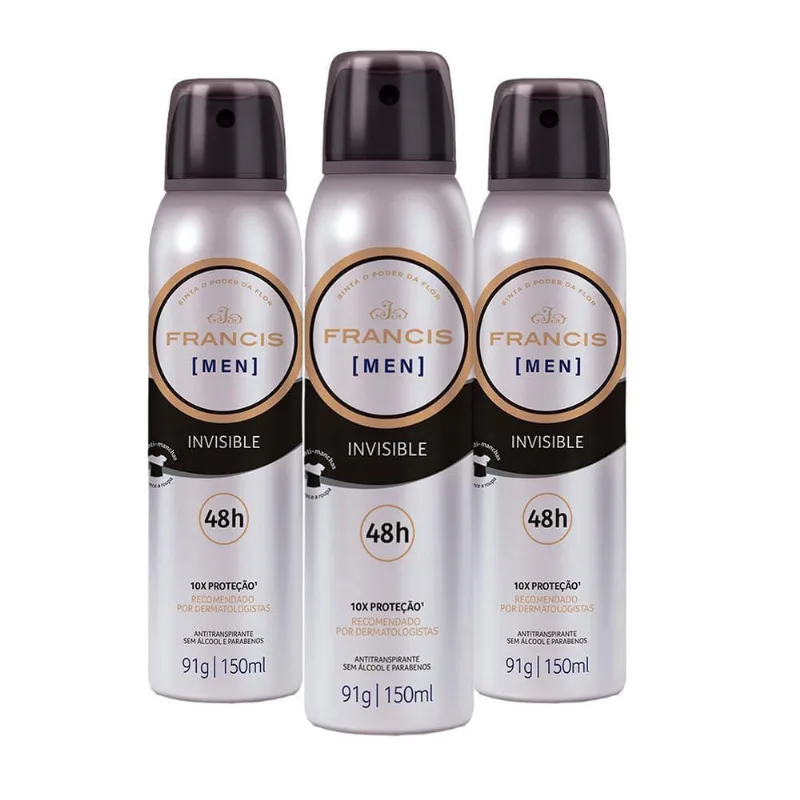 Kit 3 Desodorante Aerosol Francis Invisible Men 48H 165Ml