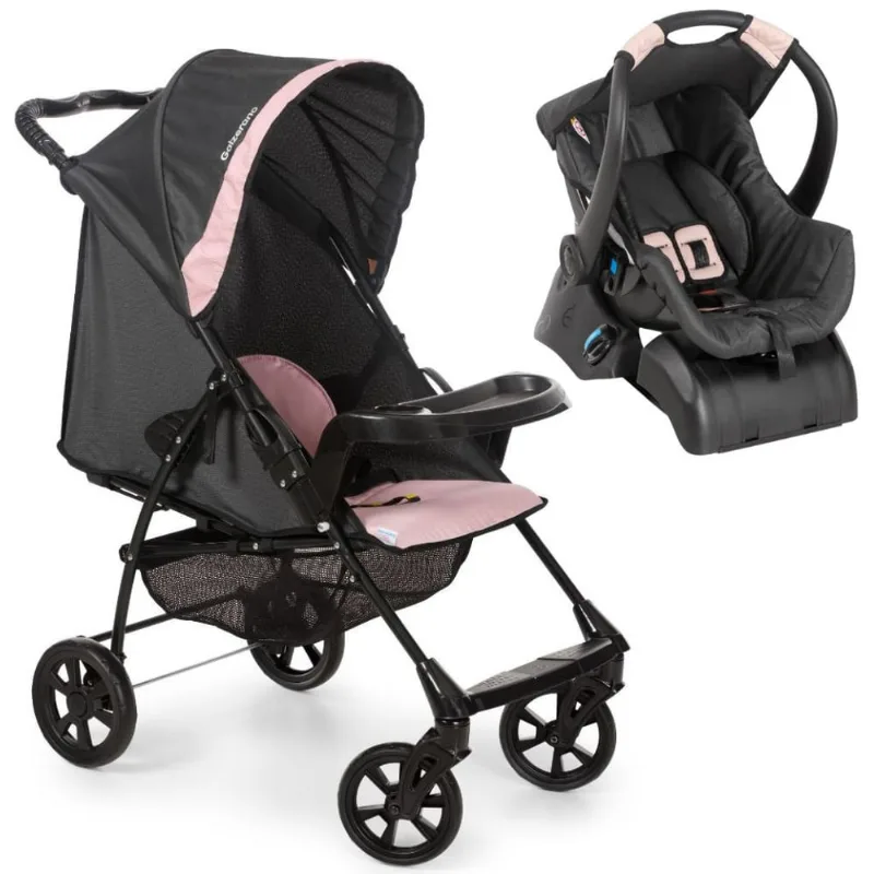 Carrinho Romano Travel System Romano Preto Rosa com Base