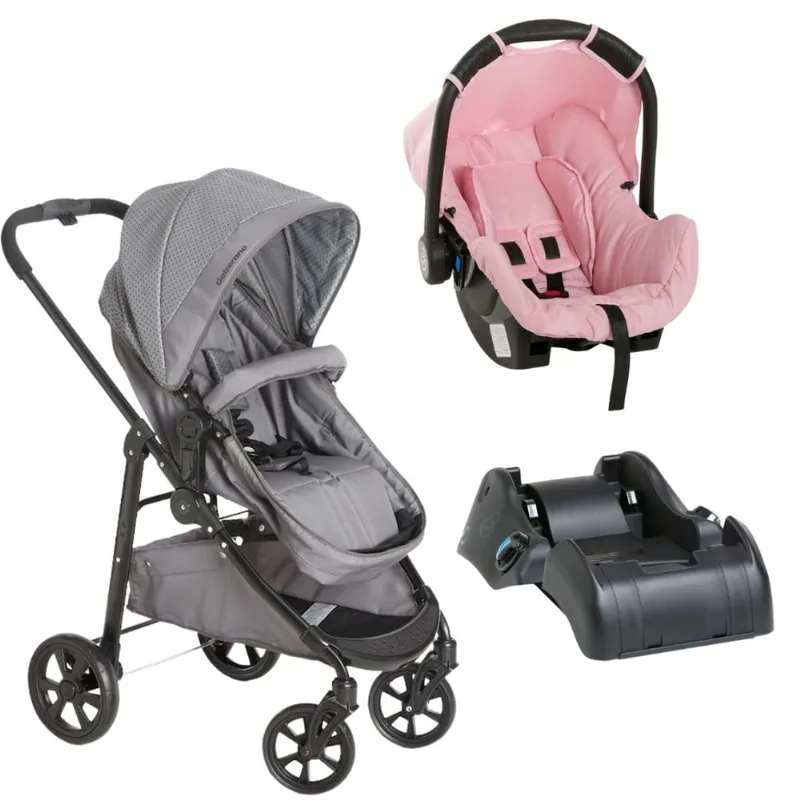 Carrinho Olympus Cinza Com Bebê Conforto Grid Rosa e Base