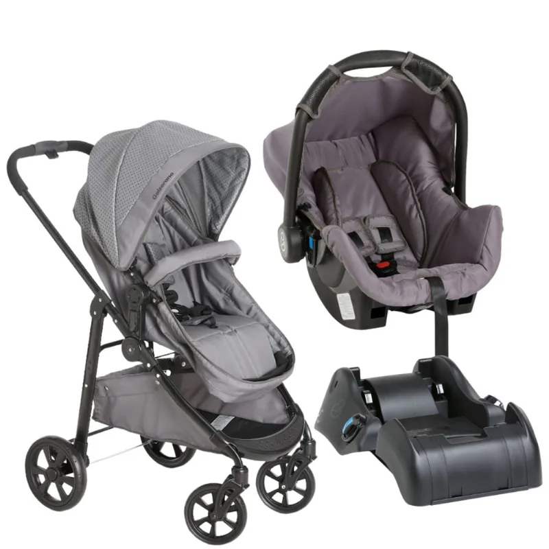 Carrinho Olympus Cinza Com Bebê Conforto Cinza e Base