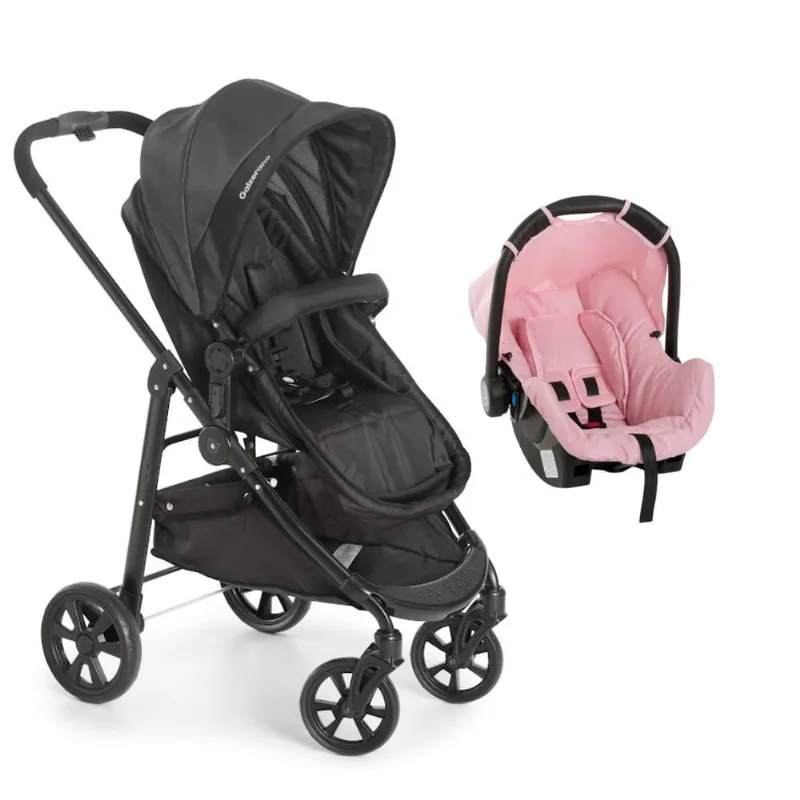 Carrinho Olympus Preto com Bebê Conforto Grid Rosa