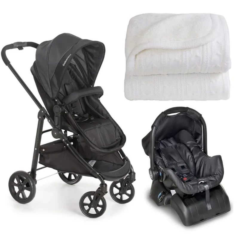Kit Carrinho de Bebê Com Bebê Conforto Base e Cobertor Lã