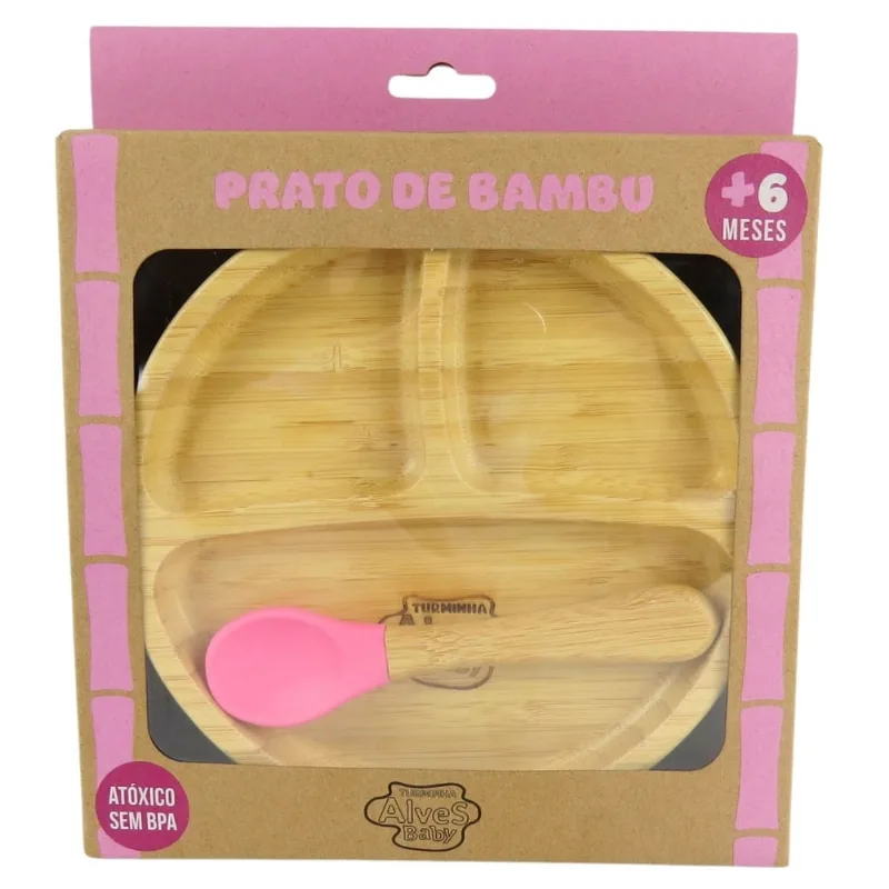 Pratinho Infantil de Bambu com Ventosa Rosa - Turminha Alves Baby
