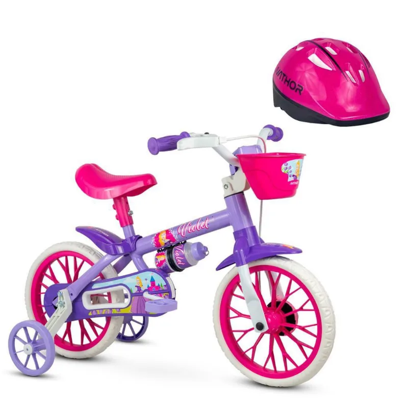 Bicicleta Infantil Aro 12 Violet E Capacete Rosa - Nathor
