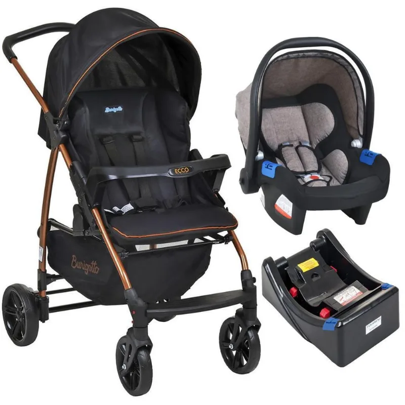 Carrinho De Bebê Ecco Preto Cobre Com Bebê Conforto E Base