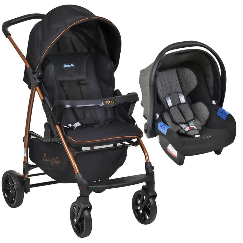 Carrinho de Bebê Ecco Preto Cobre e Bebê Conforto Touring X