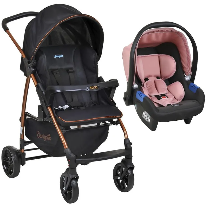 Carrinho de Bebê Ecco Preto Cobre e Bebê Conforto Rosa Cinza