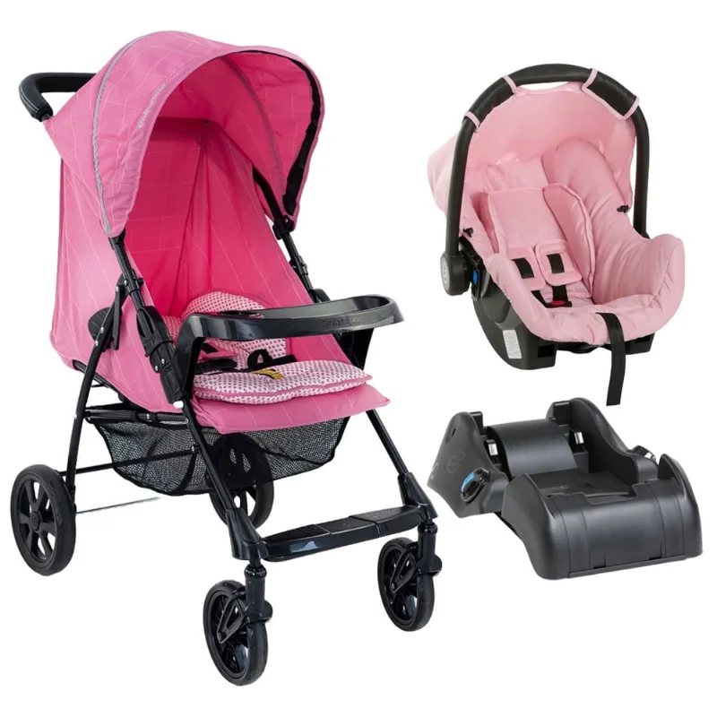 Carrinho de Bebê Romano Bebê Conforto Grid Rosa e Base