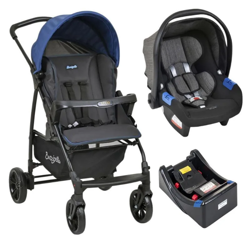 Carrinho De Bebê Ecco Cz Azul Bebê Conforto E Base