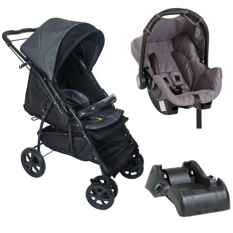 Carrinho de Bebê Maranello Preto Cinza Bebê Conforto e Base