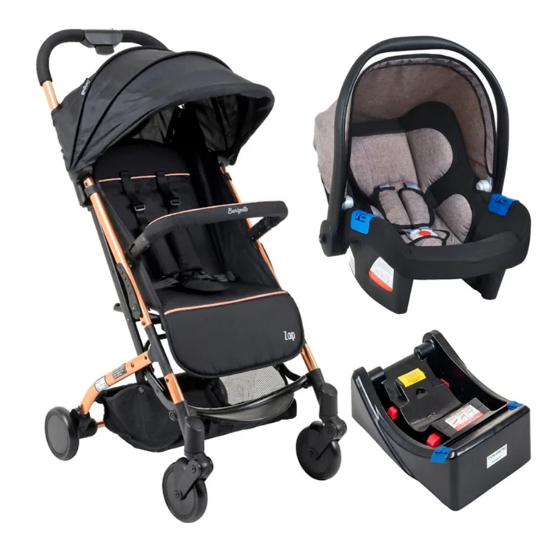 Carrinho de Bebê Zap Preto Cobre c/ Bebê Conforto e Base