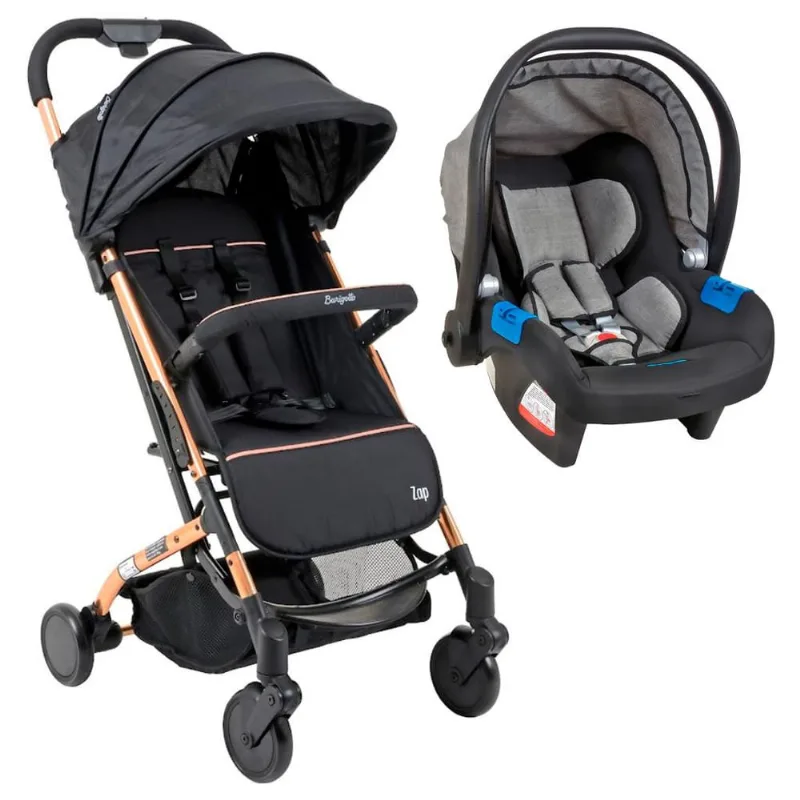 Carrinho de Bebê Zap Preto e Cobre e Bebê Conforto Touring X
