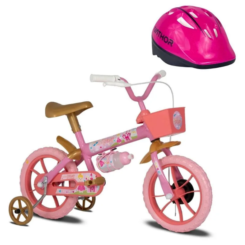 Bicicleta Infantil Princy Aro 12 Rosa E Dourado E Capacete