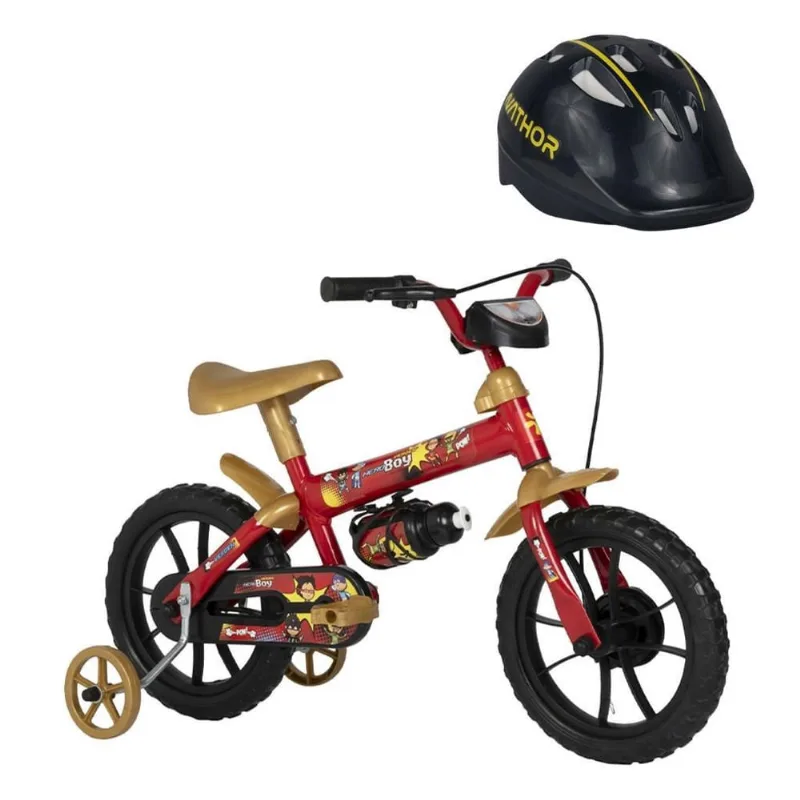 Bicicleta Infantil Hero Boy Aro 12 Vm E Dourado E Capacete