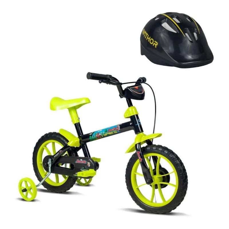 Bicicleta Infantil Jack Aro 12 Preto E Vd Limão E Capacete