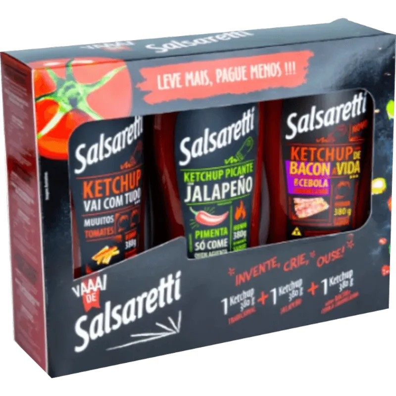 Kit Ketchup Tradicional + Jalapeño + Bacon e Cebola Caramelizada Salsaretti 380g Cada Leve Mais Pague Menos