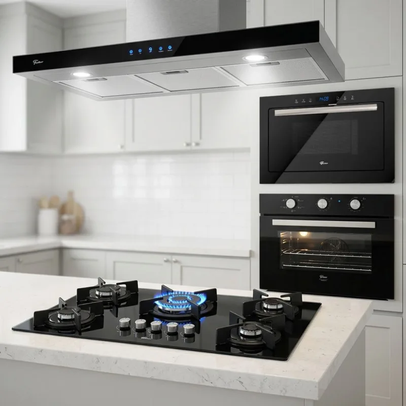 Kit Fischer Infinity Microondas e Forno de Embutir  Cooktop 5 Bocas Tripla Chama Coifa - Fischer