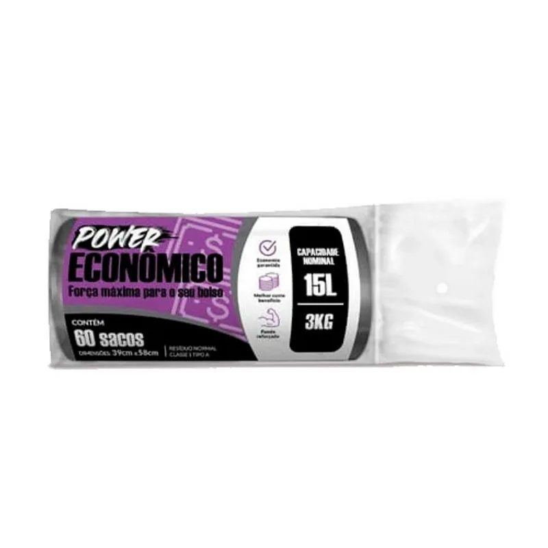 Saco para Lixo Power Econômico Rolo 15l com 60 Unidades