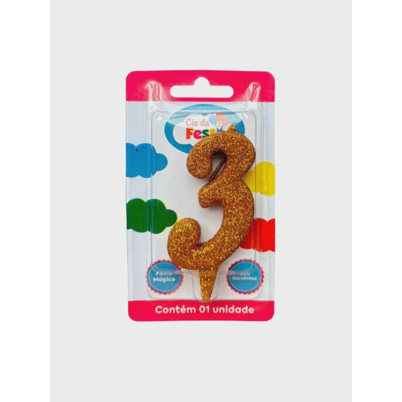 Vela Premium Glitter Ouro N 3 Cia Da Festa